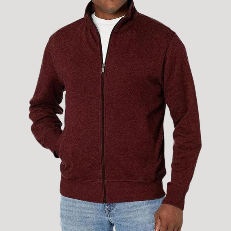 Men's zip-up jacket with stand collar in burgundy