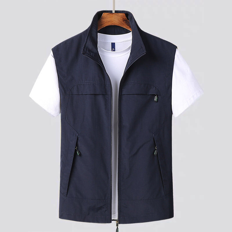 Men's zip vest with stand collar in navy blue