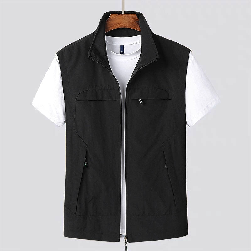 Men's zip vest with stand collar in black