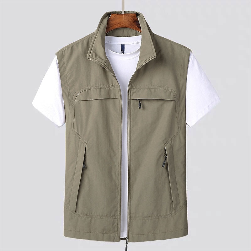 Men's zip vest with stand collar in khaki