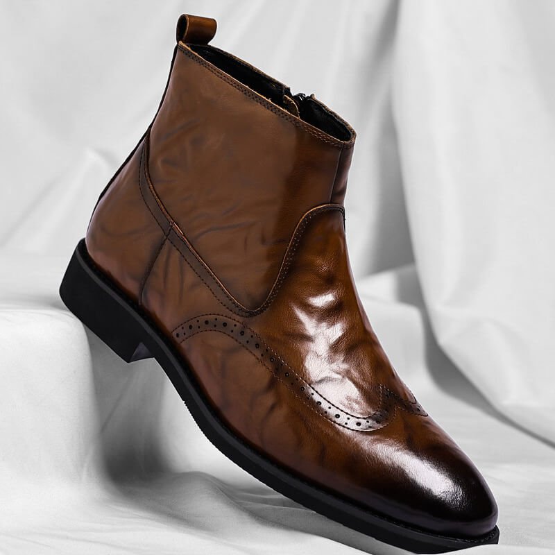 Brown men's brogue ankle boot with side zip – side view