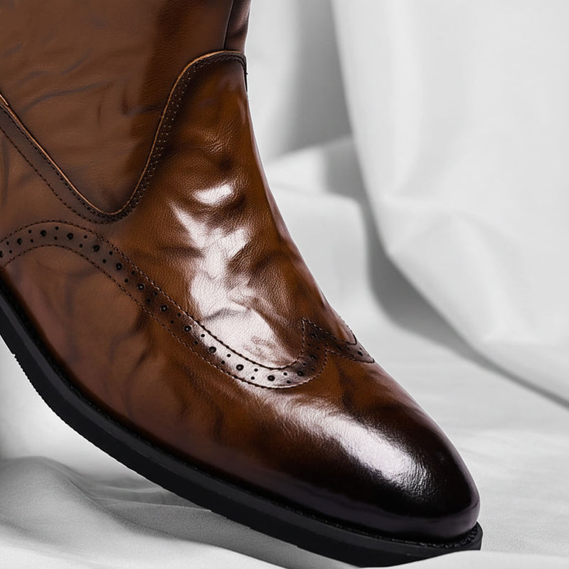 Close-up of brown brogue toe detailing