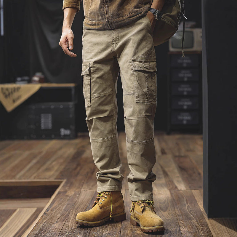 Man in khaki cargo trousers with flap pockets