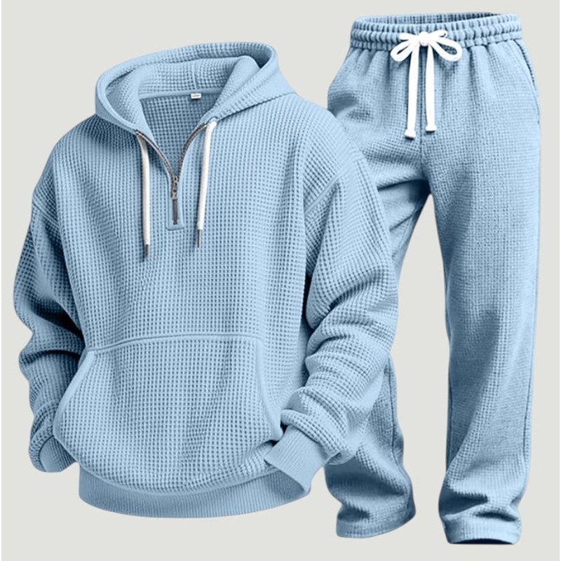 Sky blue men's hoodie and joggers set – flat view