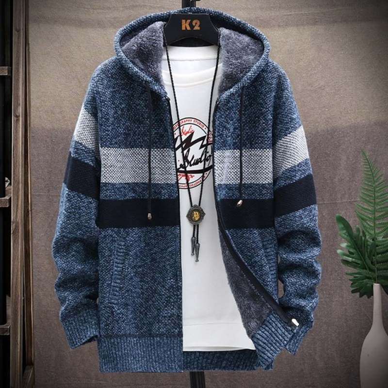 Dark blue men's hooded zip-up knit cardigan with stripes