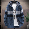 Dark blue men's hooded zip-up knit cardigan with stripes
