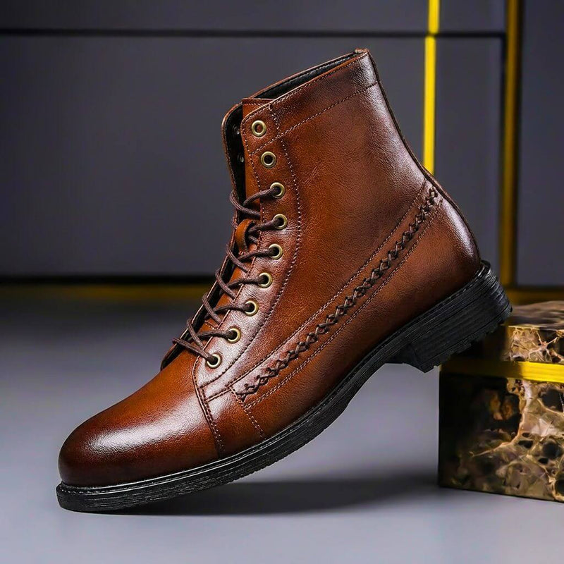 Brown men's lace-up ankle boot with stitch detail