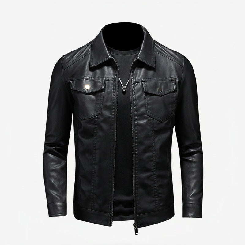 Black men's leather-look jacket with shirt collar – front view