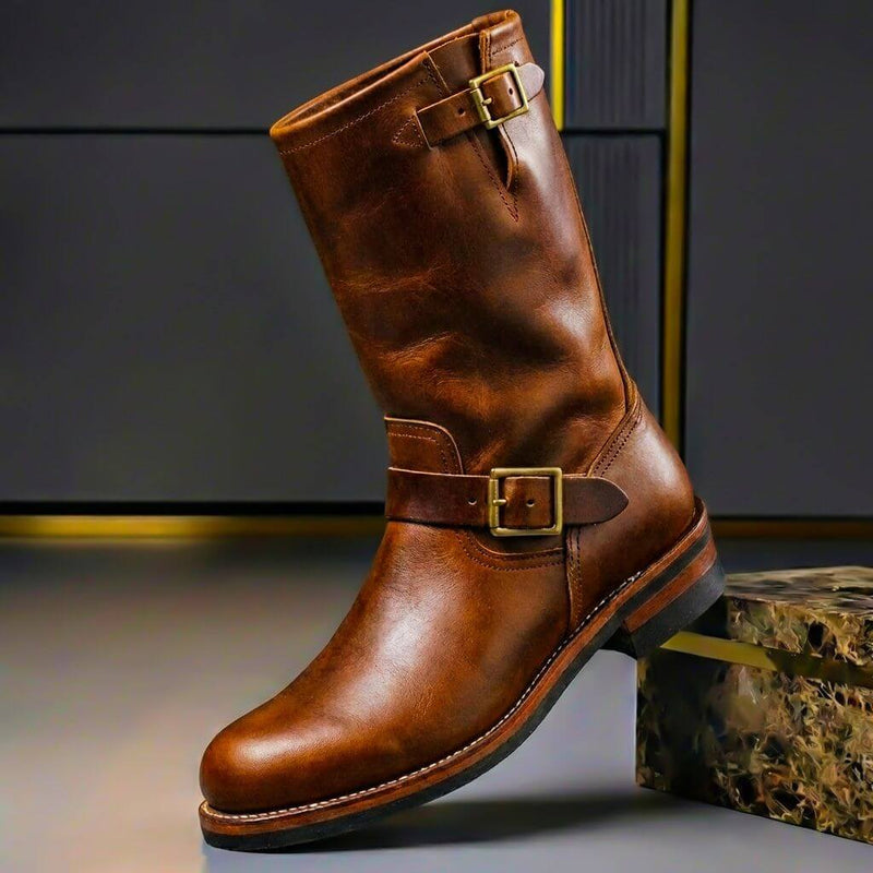 Brown men's mid-calf engineer boot with buckle straps