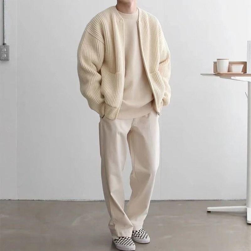 Cream ribbed zip-up cardigan – full outfit view