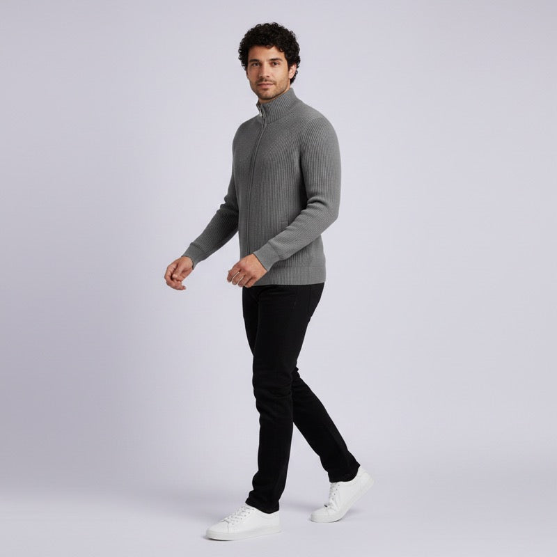 Man walking in a grey stand collar zip cardigan