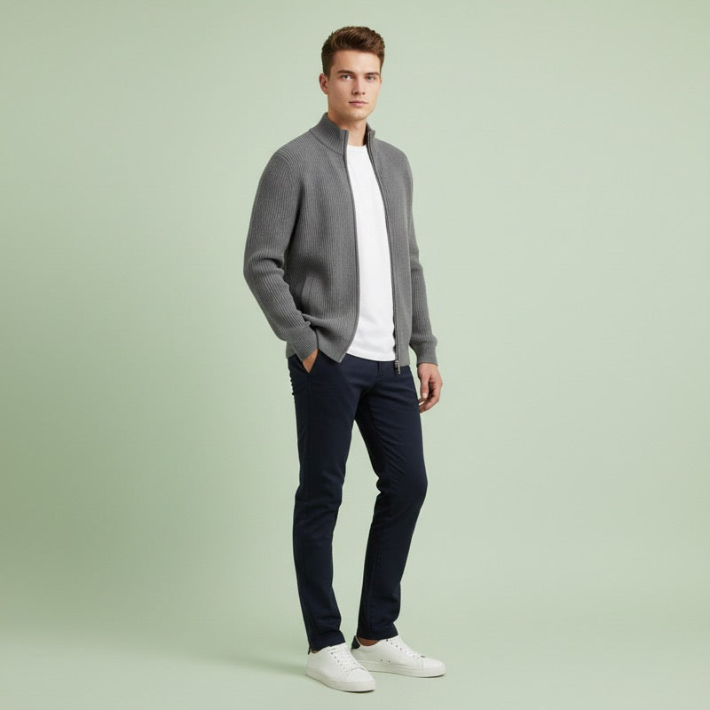 Grey ribbed zip cardigan worn open over a white tee