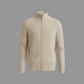 Beige ribbed zip cardigan with stand collar – product view
