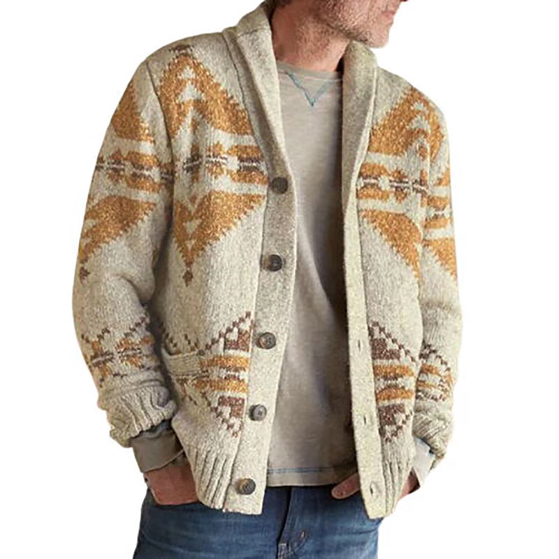 Man wearing beige shawl collar cardigan with geometric pattern