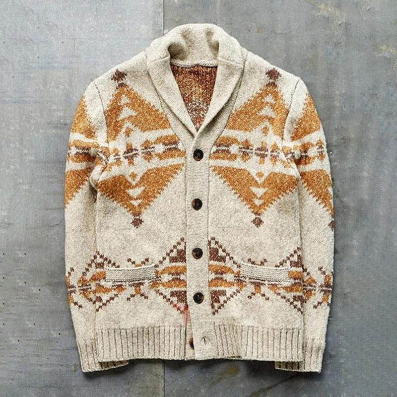 Beige shawl collar cardigan with geometric pattern – flat view