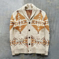 Beige shawl collar cardigan with geometric pattern – flat view