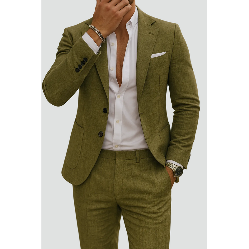 Man in olive green slim fit blazer and trouser set