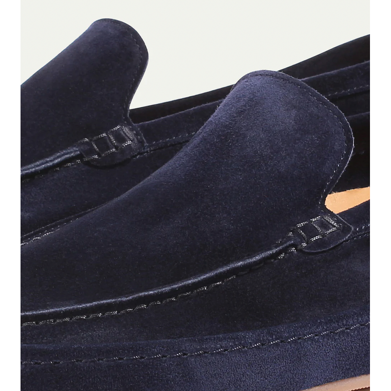 Close-up of navy loafer moc toe stitching