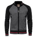 Black men's stand collar zip-up cardigan with striped trim