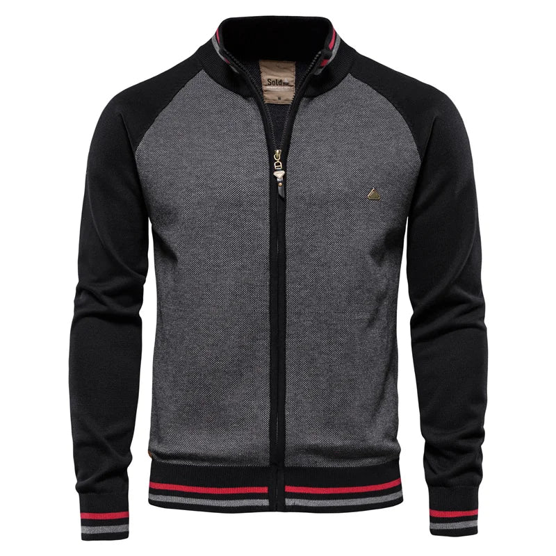 Black men's stand collar zip-up cardigan with striped trim