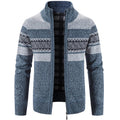 Blue men's stand collar zip-up knit jacket with pattern band