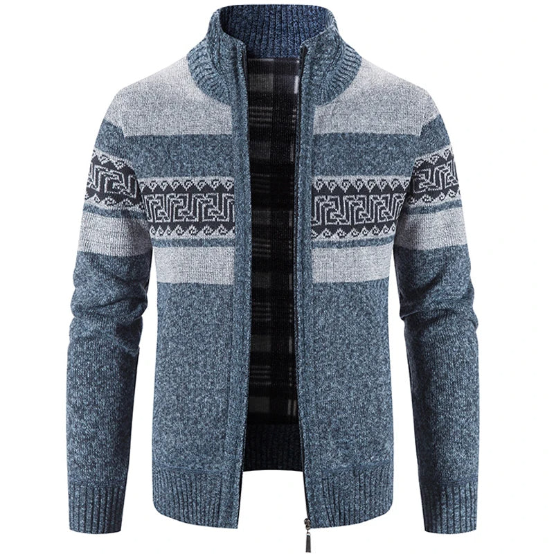 Blue men's stand collar zip-up knit jacket with pattern band