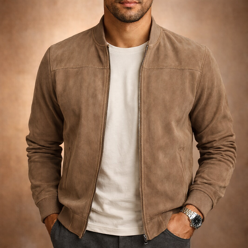 Man wearing beige suede-look bomber jacket over white tee