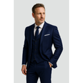 Man in navy blue three-piece slim fit suit with waistcoat