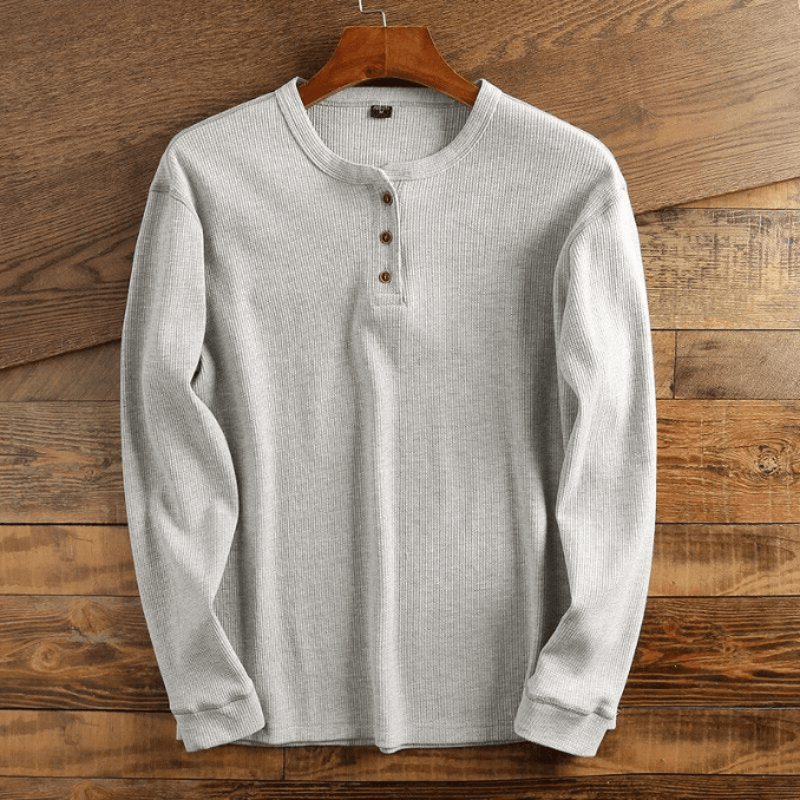 Light grey men's waffle knit Henley shirt – front view