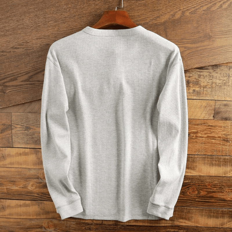 Light grey men's waffle knit Henley shirt – back view