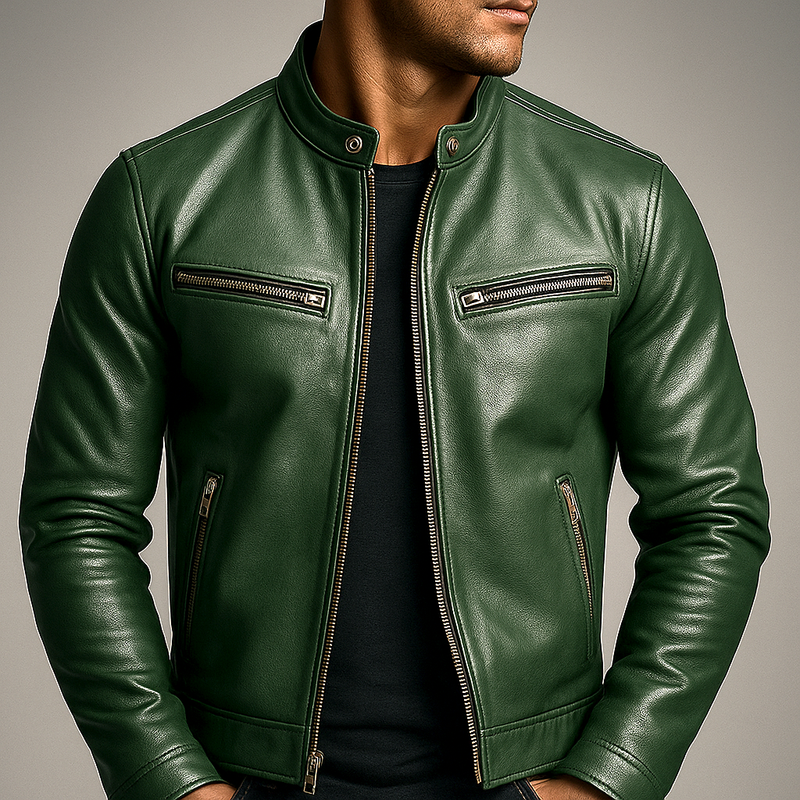 Man wearing green zip front biker jacket with stand collar