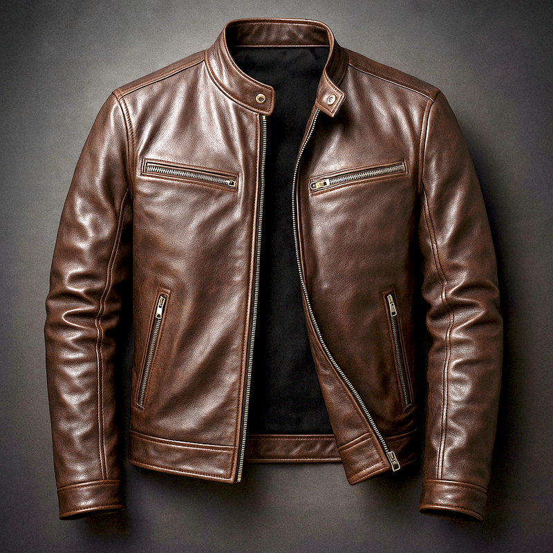 Brown men's biker jacket with zip pockets – flat view