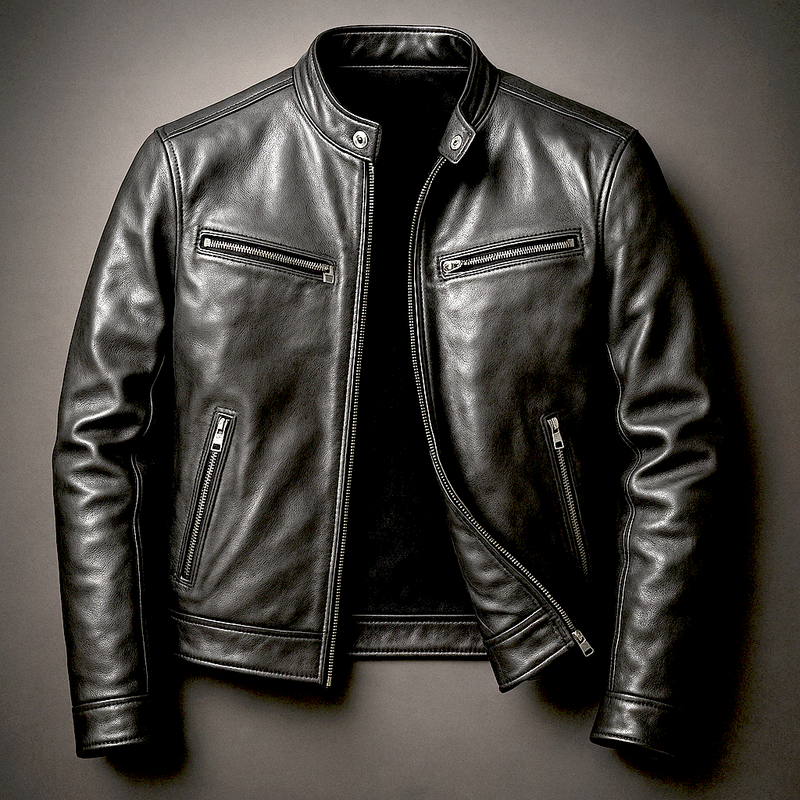Black men's biker jacket with zip pockets – flat view