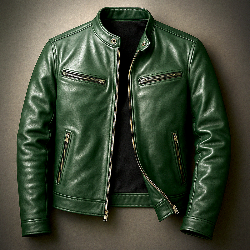 Green men's biker jacket with zip pockets – flat view
