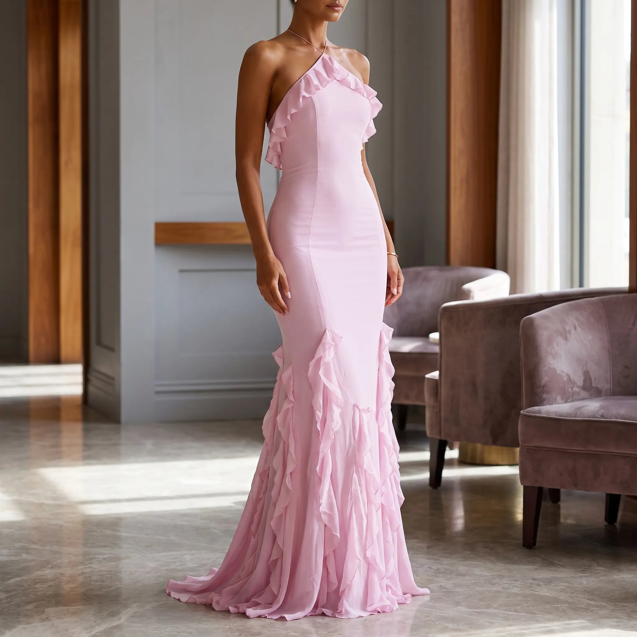 Rosalina - Halter Neck Pink Maxi Dress