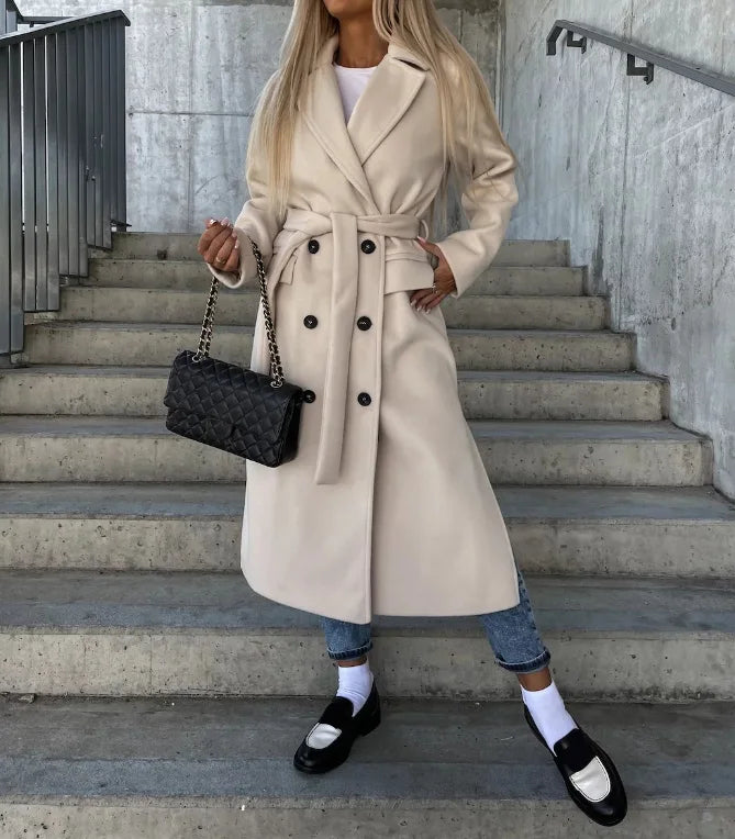 Women's Belted Long Trench Coat for Autumn Winter