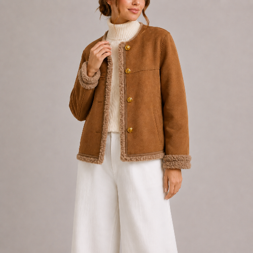 Women's Button Front Trimmed Jacket for Winter Wear