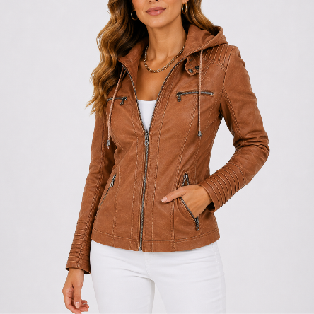 Women's Hooded Zip Biker Jacket with Pocket Details