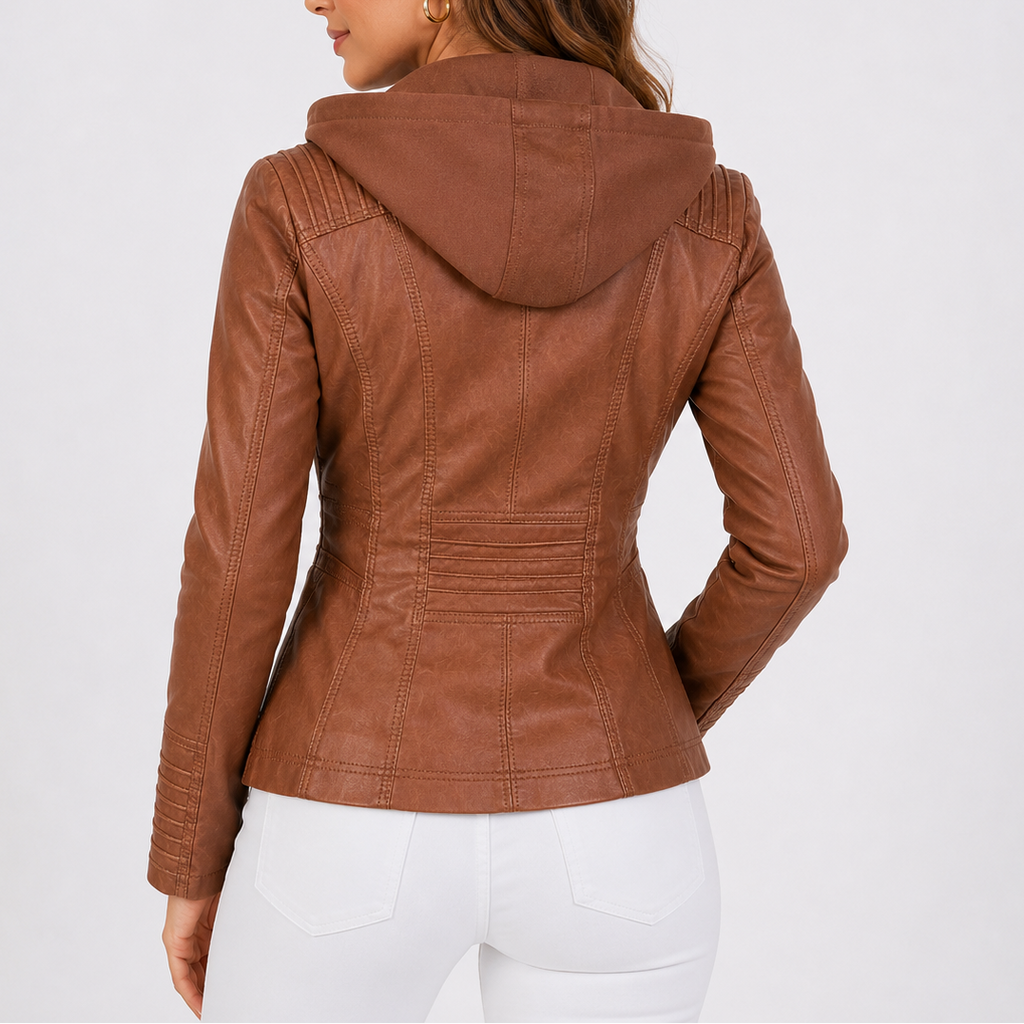 Women's Hooded Zip Biker Jacket with Pocket Details