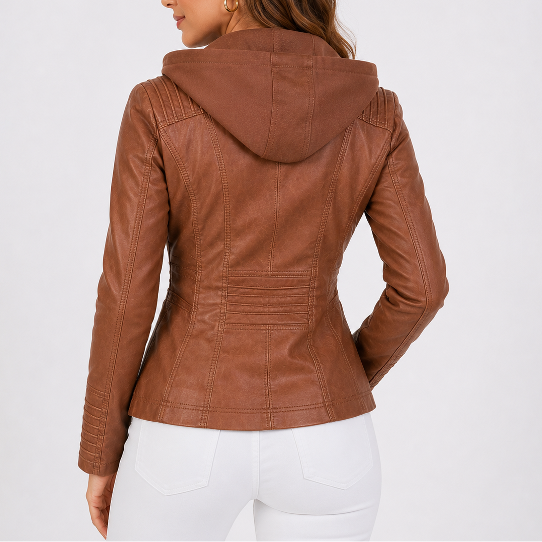 Women's Hooded Zip Biker Jacket with Pocket Details