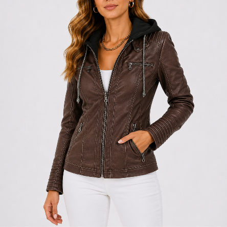Women's Hooded Zip Biker Jacket with Pocket Details