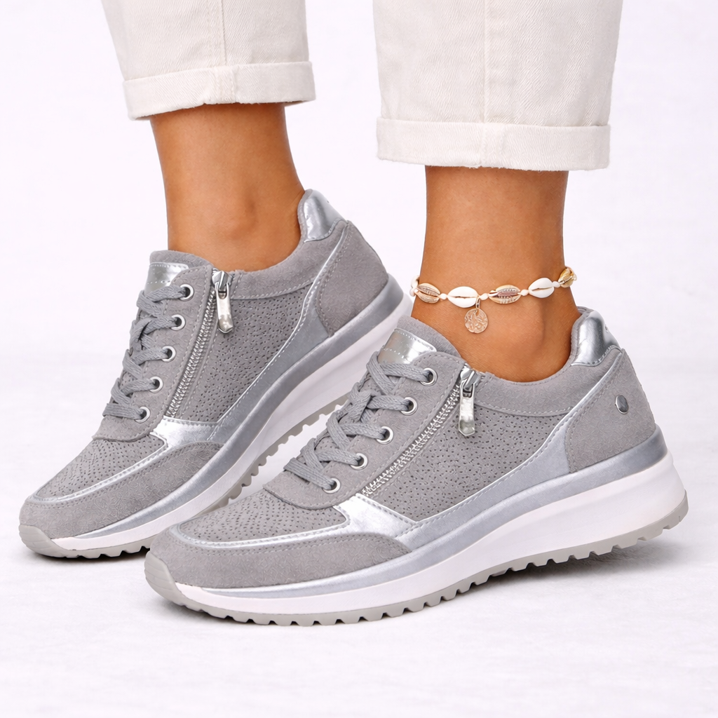 Women's Lace-Up Sneakers with Side Zipper for Outings
