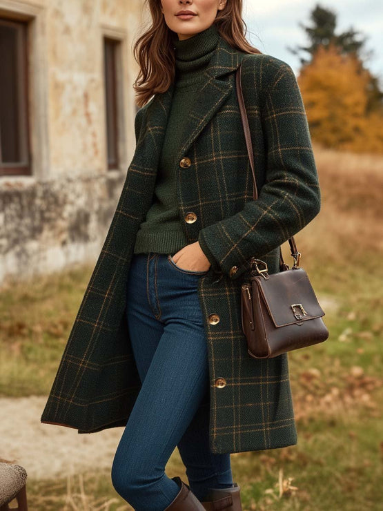 Women's Plaid Long Coat for Elegant Autumn Winter