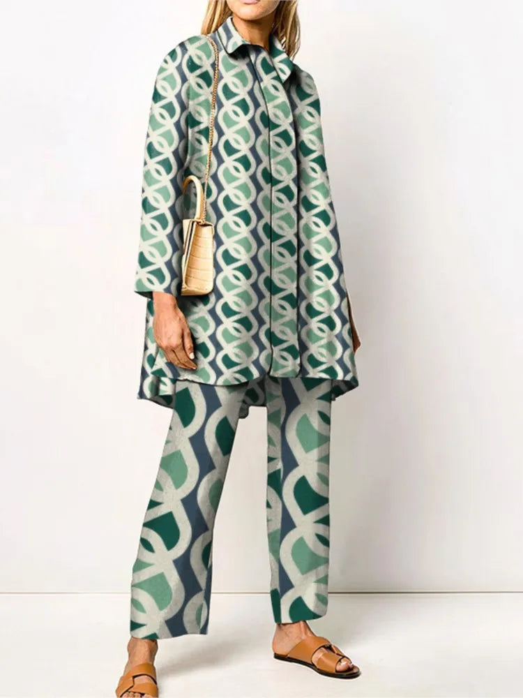 Women's Printed Shirt Pants Set for Autumn Wear