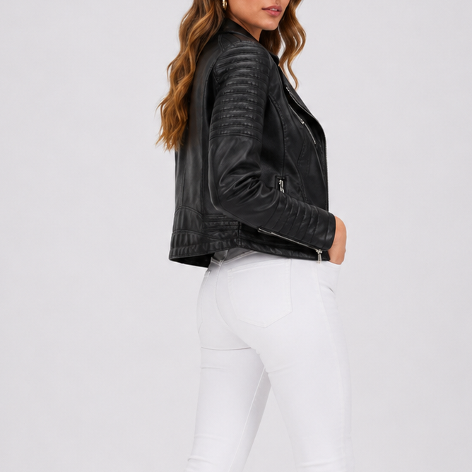Women's Quilted Sleeve Zip Biker Jacket Everyday Wear