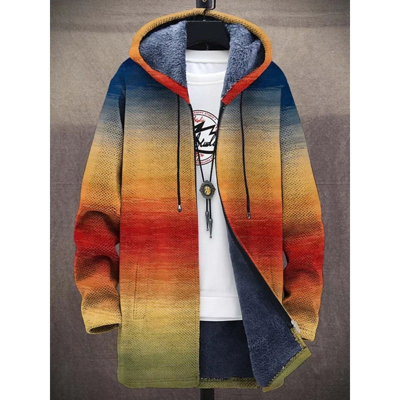 Women's art print hooded jacket with fleece lining in yellow red
