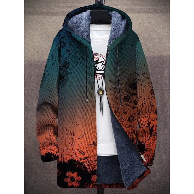 Women's art print hooded jacket with fleece lining in green orange