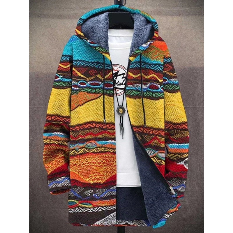 Women's art print hooded jacket with fleece lining in aztec