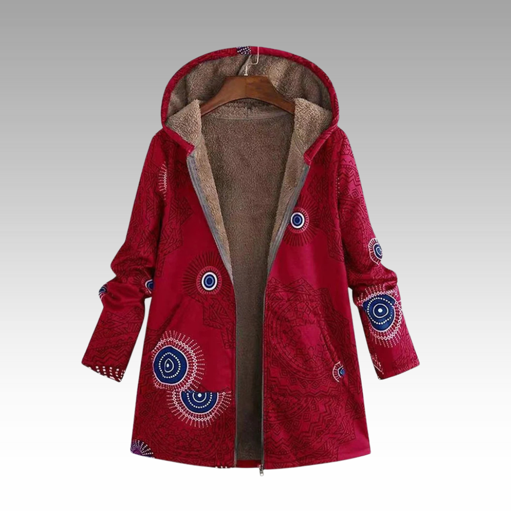 Women's red boho print hooded jacket with plush lining