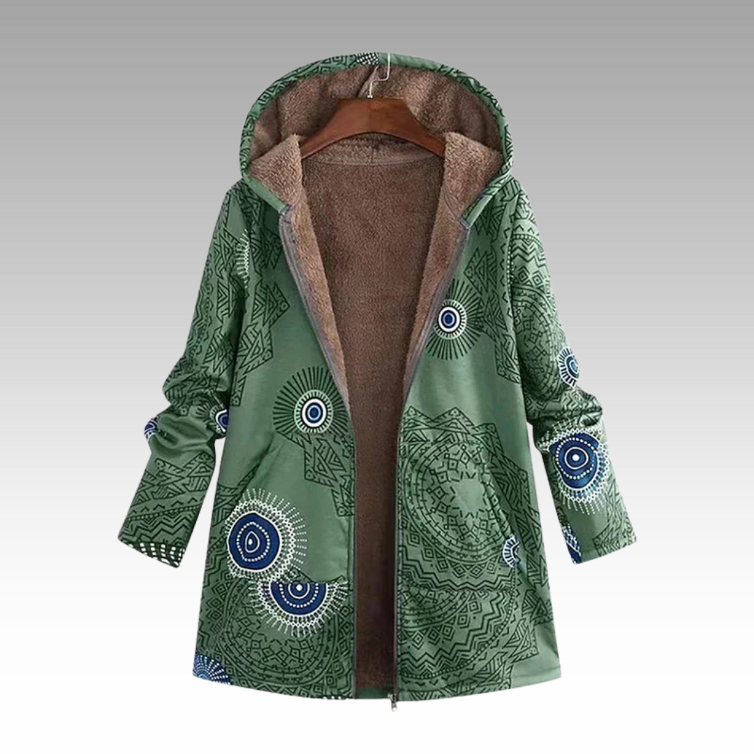 Women's green hooded jacket with boho circle print